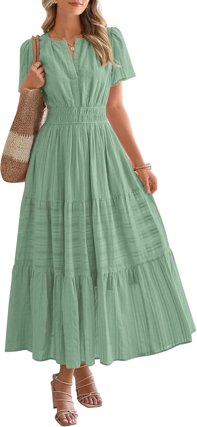 HOT SALE Womens Summer Lightweight Short Sleeve V Casual Midi Maxi Dresses