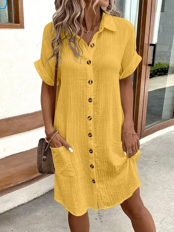 Relaxed Short Sleeve Pleated Split Joint Lapel Mini Dress Shirt Dress