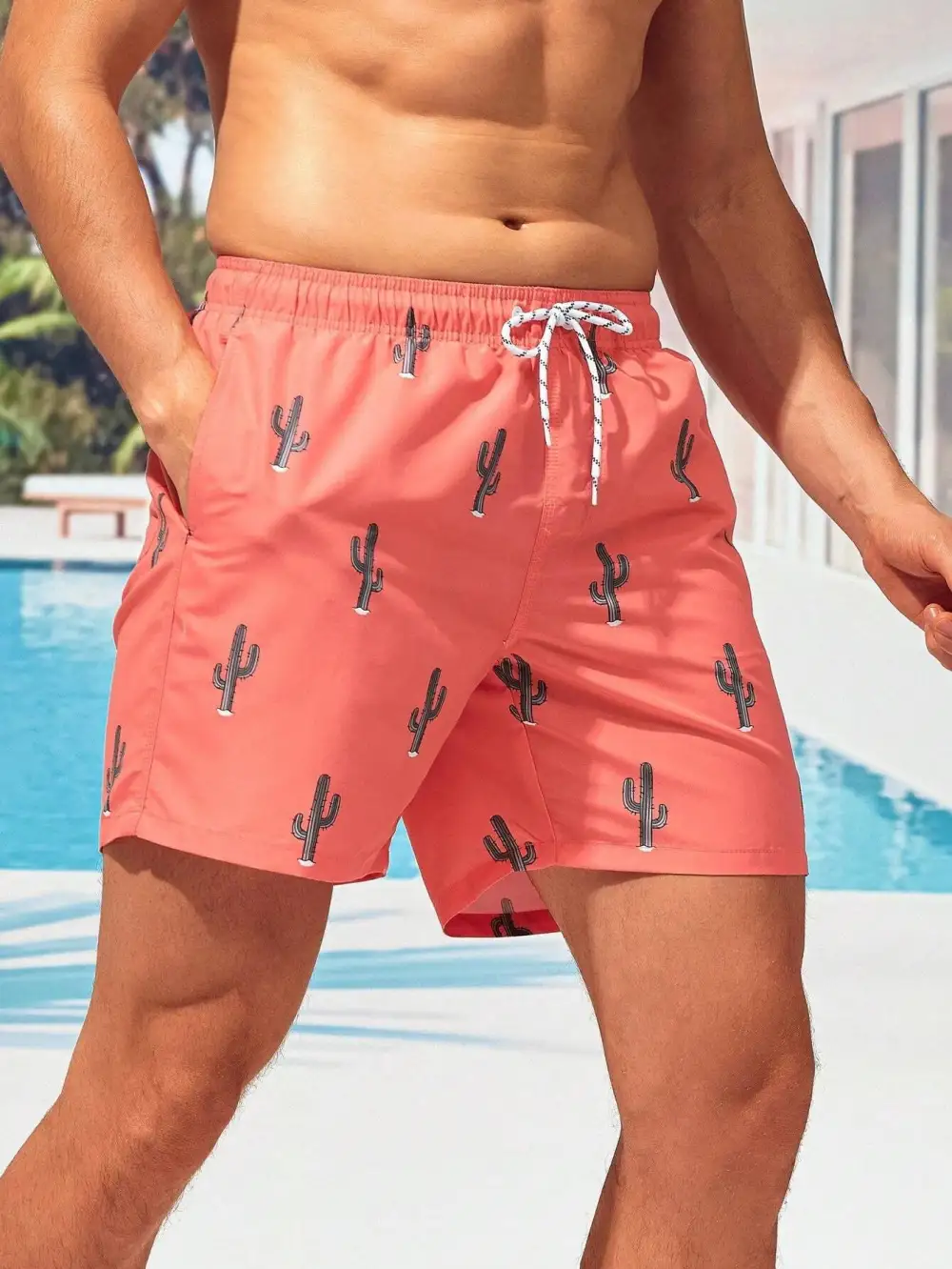 Men's Cactus Print Letter Patch Swim Trunks