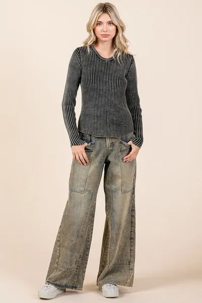 Wide Leg Pocketed Washed Denim Jeans