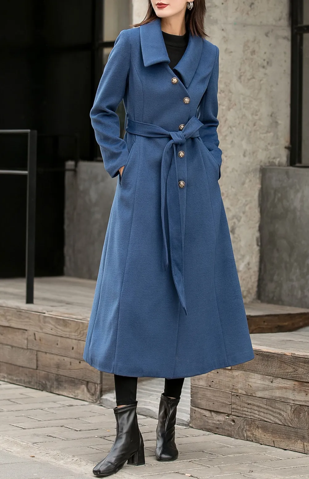 Refined Wool Fit and Flare Single Breasted Pocketed Button Front Long Coat