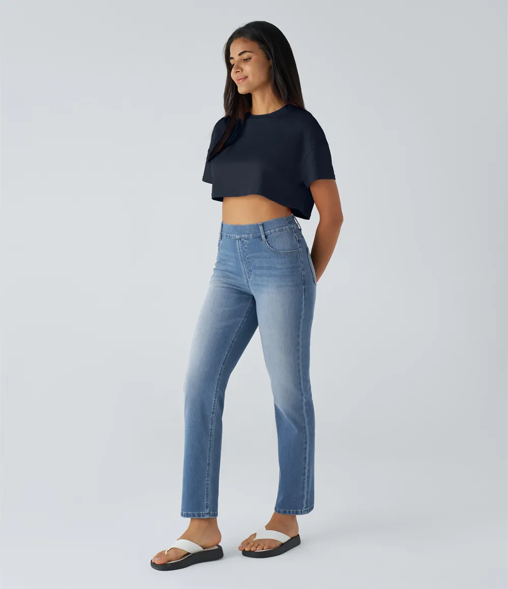 Magic High Waisted Multiple Pockets Straight Leg Washed Stretchy Knit Casual Jeans