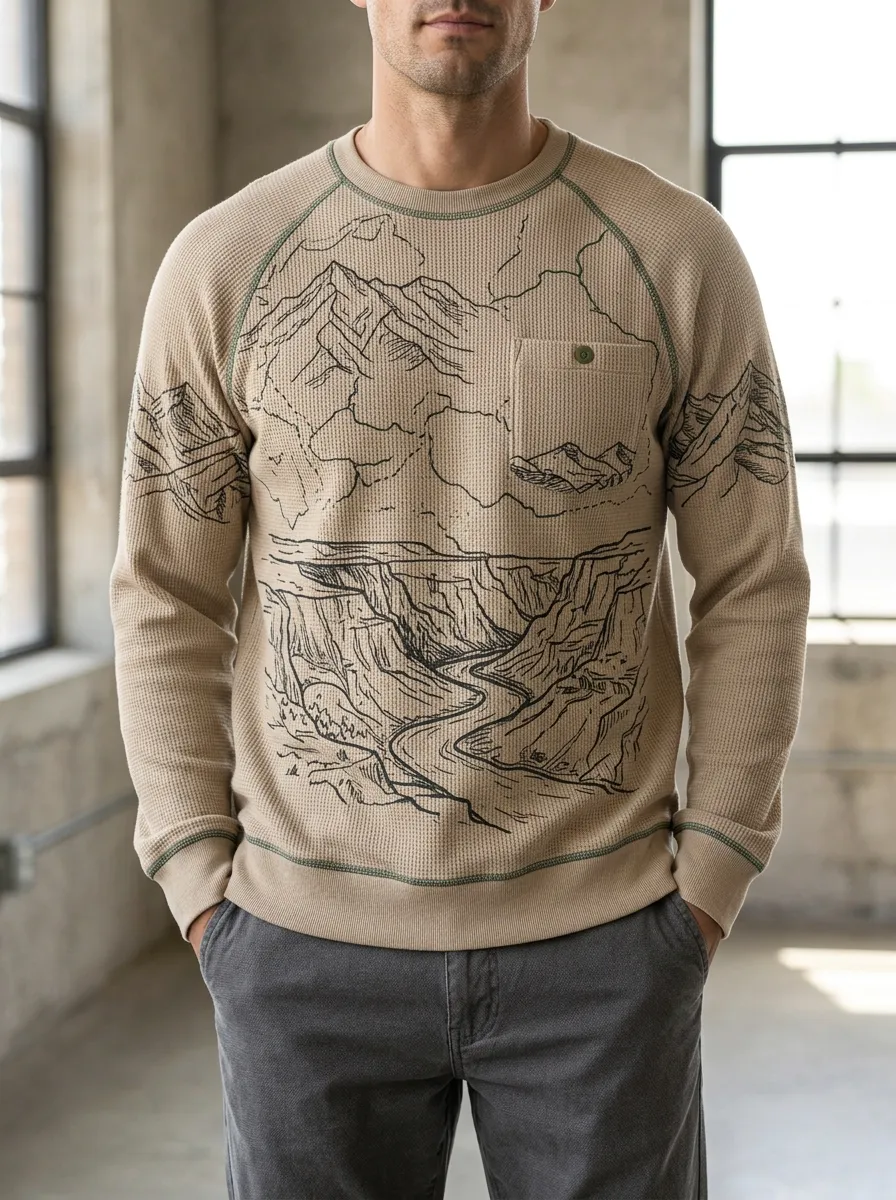 Men's Mountain Landscape Nature Printed Waffle Knit Sweatshirt