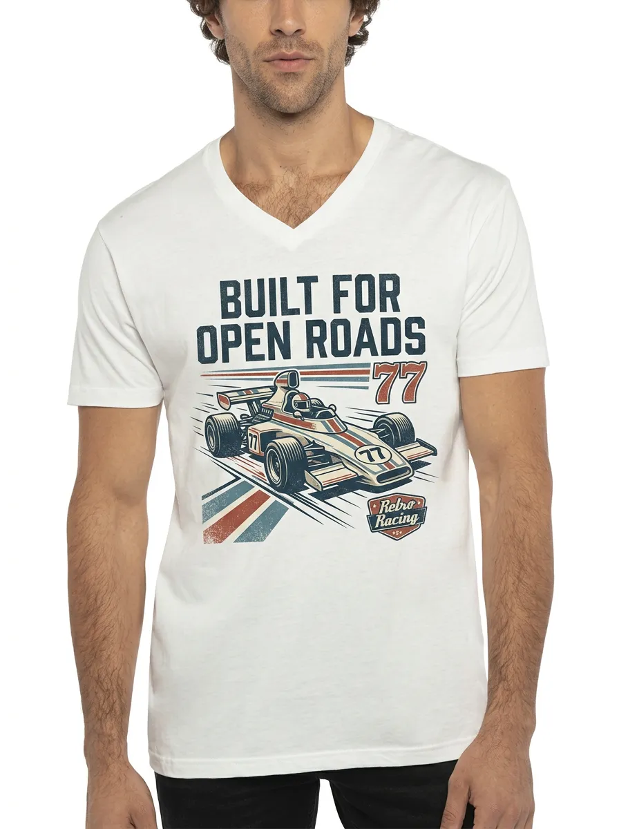 Men's Retro Racing Lover Open Roads 77 Printed V-Neck T-Shirt
