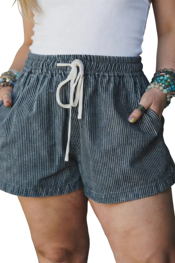 Blue Stripe Contrast Drawstring Elastic Waist Denim Shorts