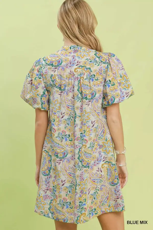 Everyday Paisley Print Puff Sleeve Shift Dress