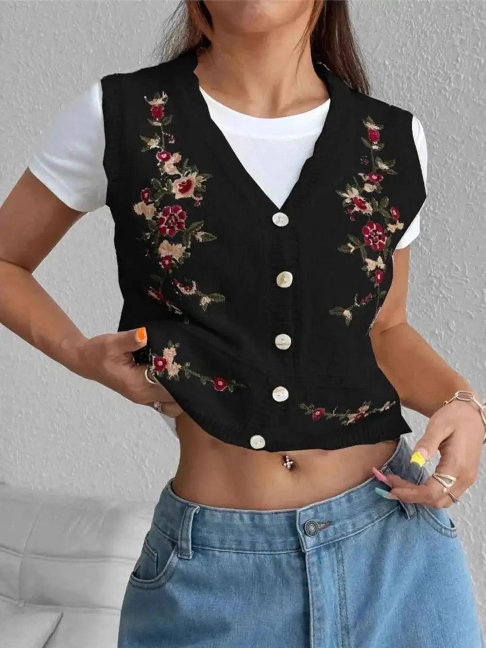 Embroidered Button-Up Sweater Vest