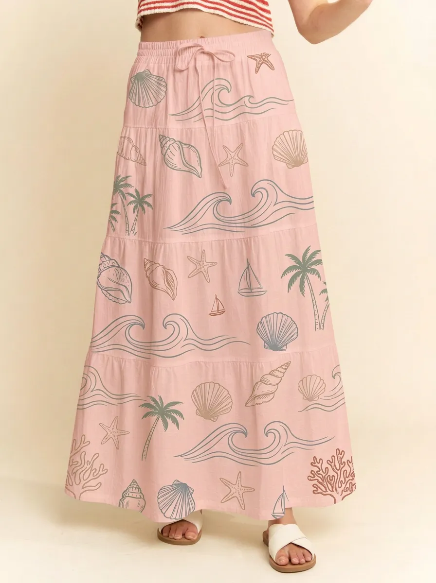 Women's Coastal Ocean Shell Palm Tree Graphic Maxi Skirt