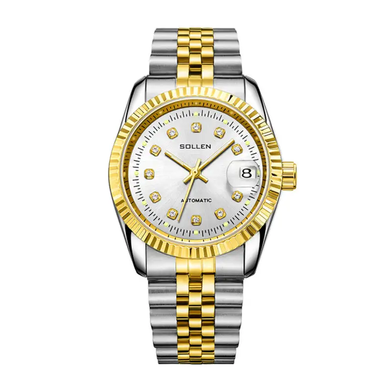 Sollen 9061 Automatic Watch - Men's Classic 36mm Fluted Bezel Cyclops Date 5-Bead Stainless Steel Bracelet Wristwatch