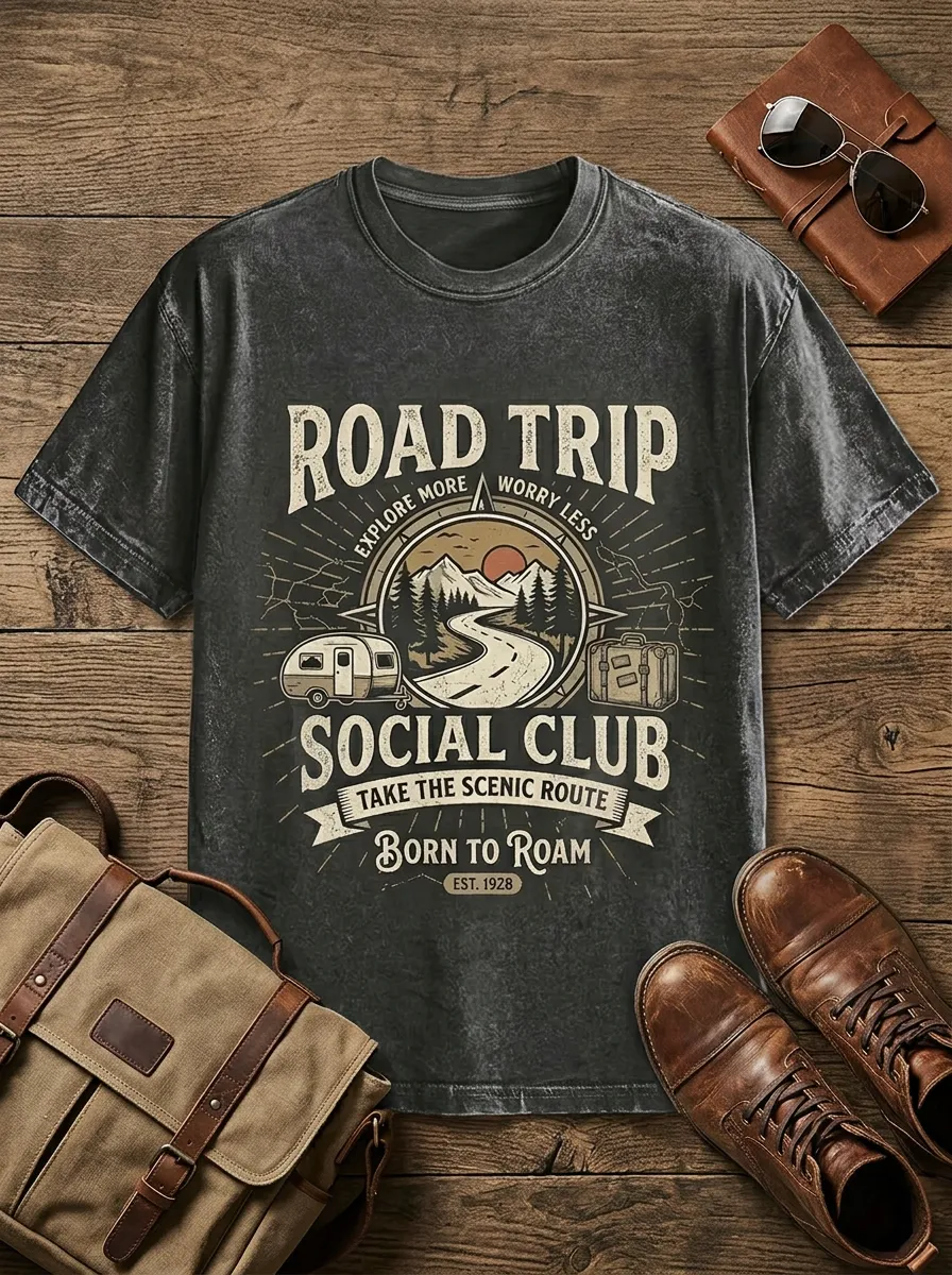 Unisex Road Trip Camper Mountain Printed T-shirt