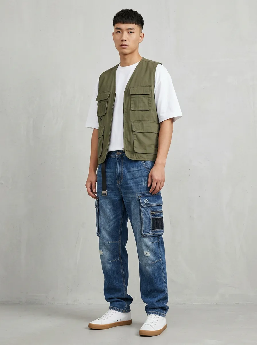 Men's Streetwear Multi-Pocket Distressed Denim Cargo Jeans