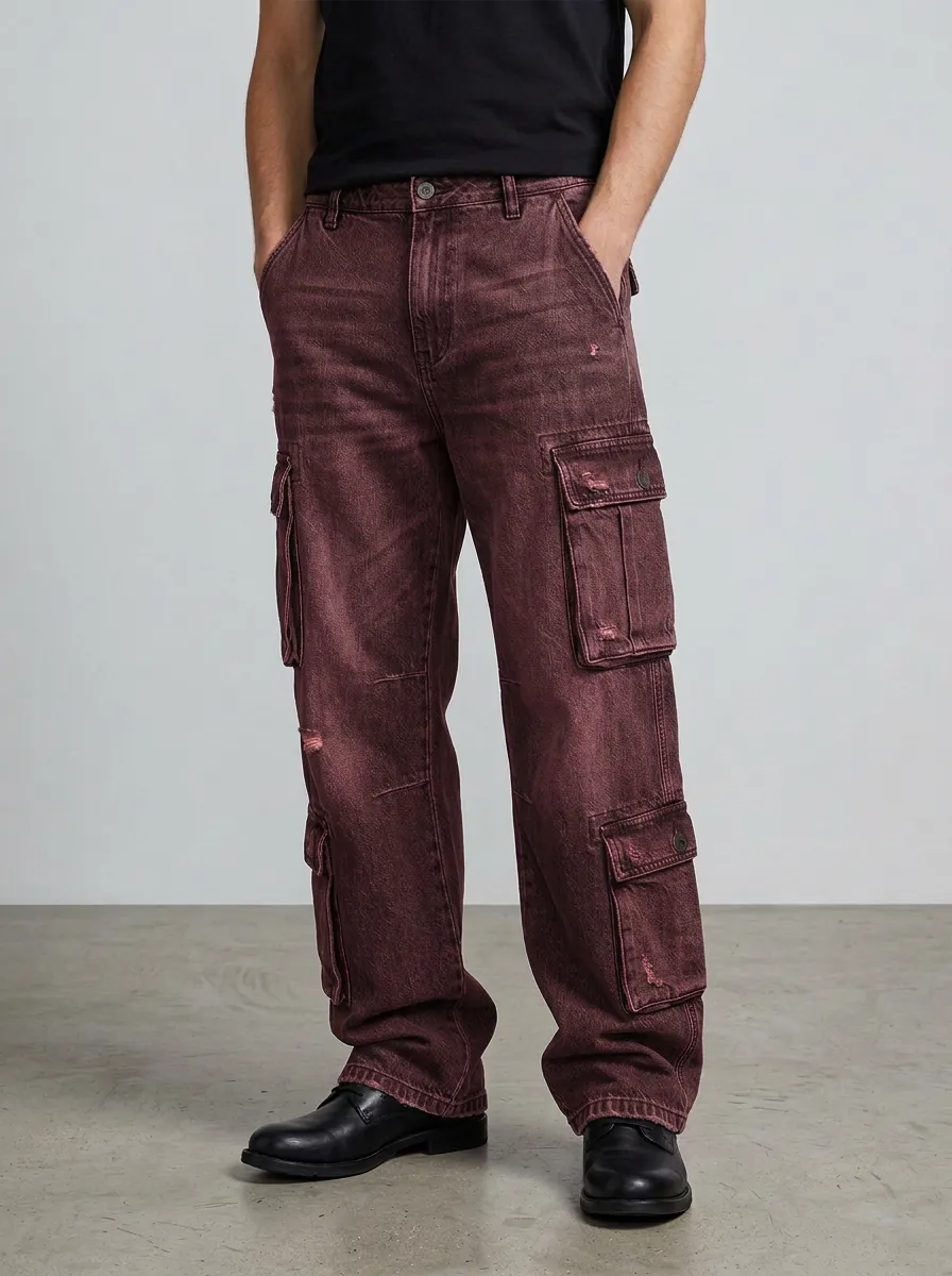 Men's Streetwear Distressed Washed Black Cargo Jeans