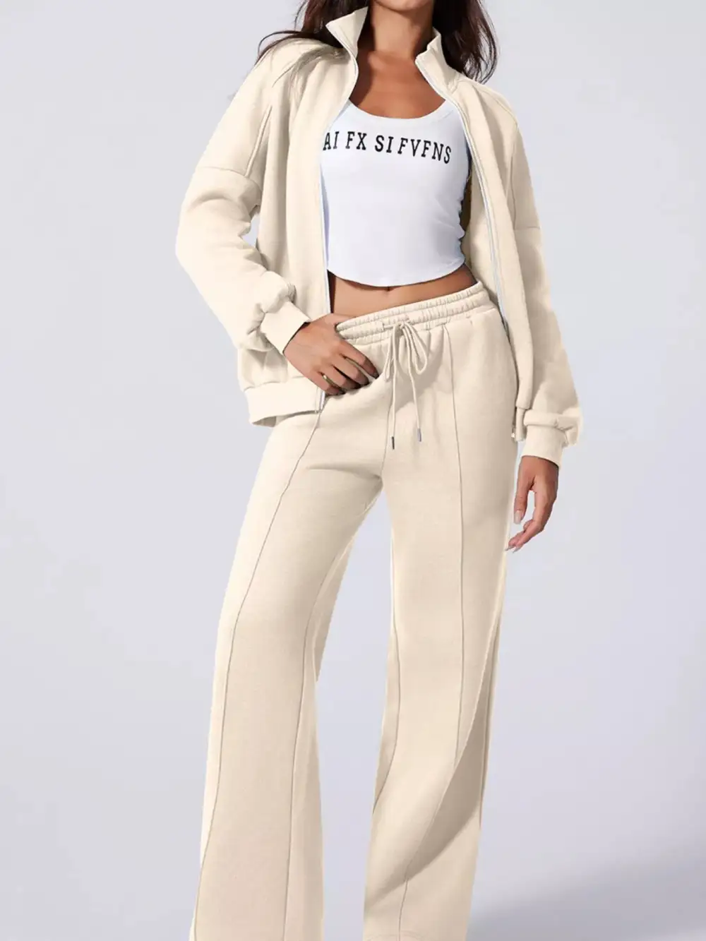Drop Shoulder Zip Up Jacket And Drawstring Pants Active Two Piece Set
