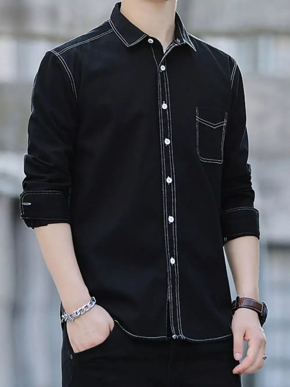 Contrast Stitching Button Up Long Sleeve Shirt