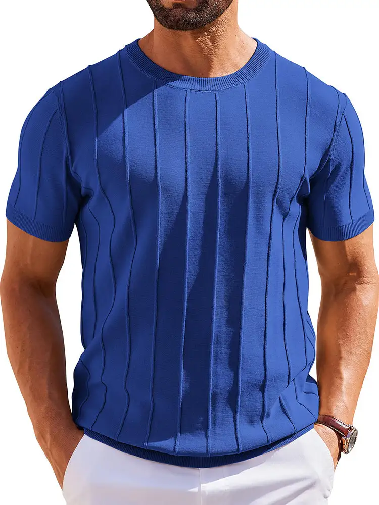 Casual Short Sleeve Shirt Ribbed Knit Pullover Tee