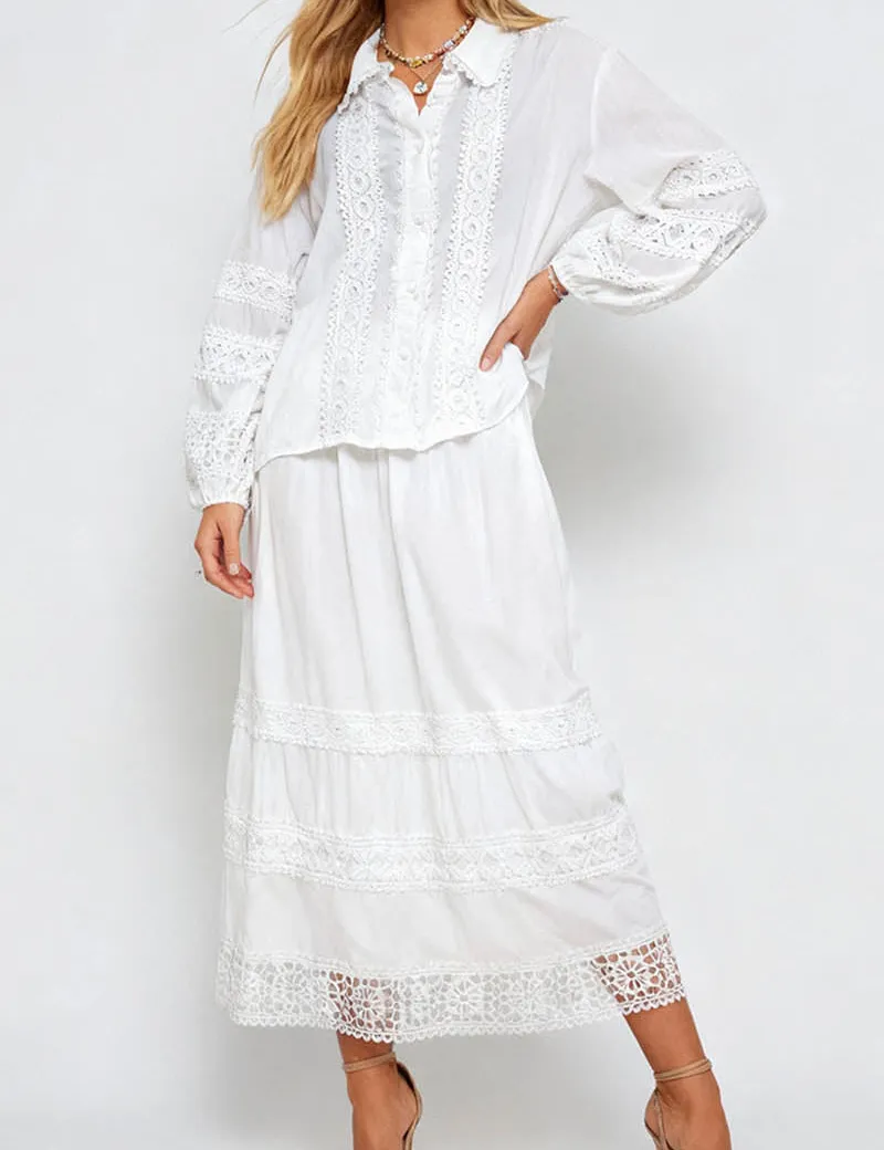 Boho Crochet Lace Trim Button Down Blouse and Tiered Skirt Set