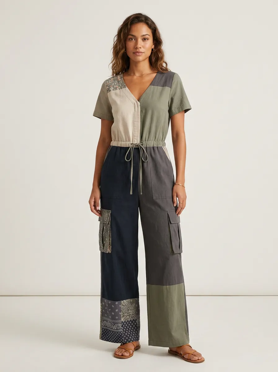 Women's Boho Patchwork Paisley Printed Cargo Jumpsuit