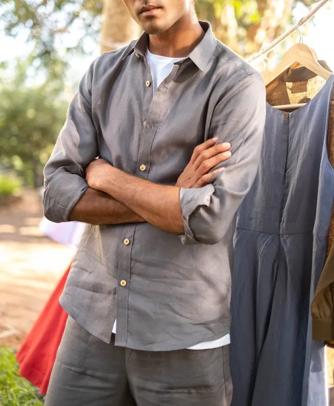 Slate Gray Minimal Linen Button-Up Shirt