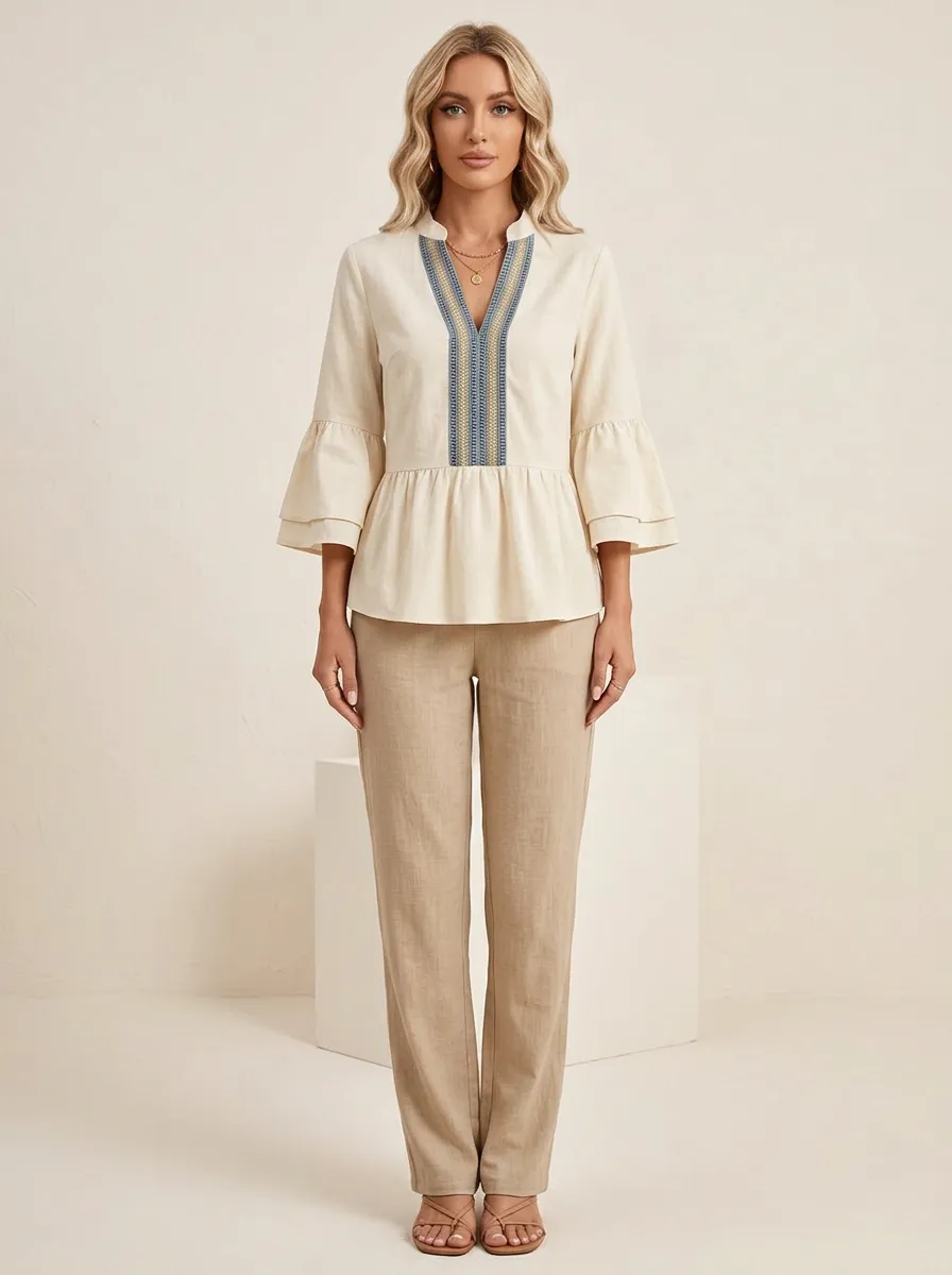 Boho Embroidered V-Neck Printed Peplum Top