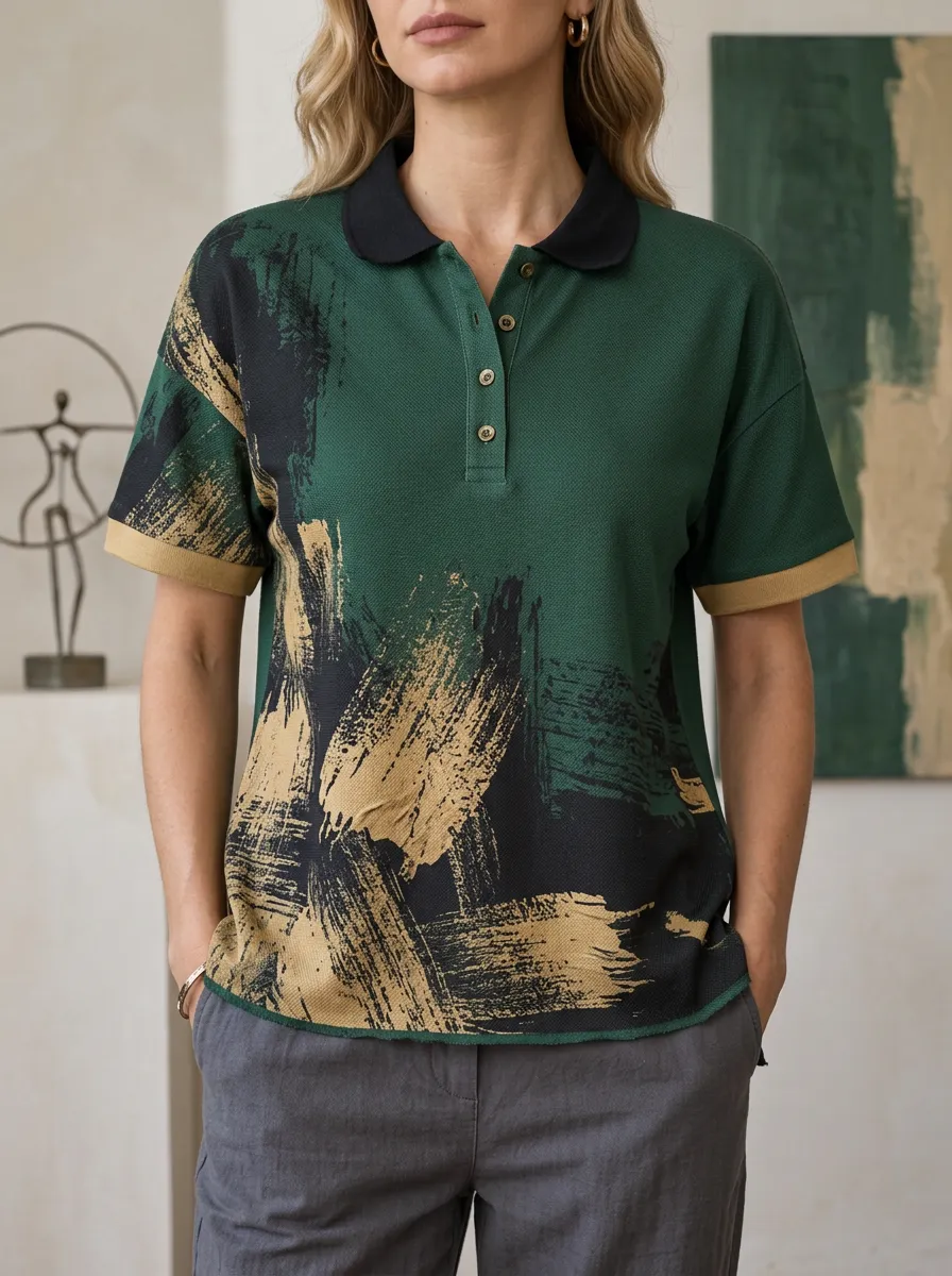 Women's Abstract Brushstroke Green Black Printed Polo Shirt