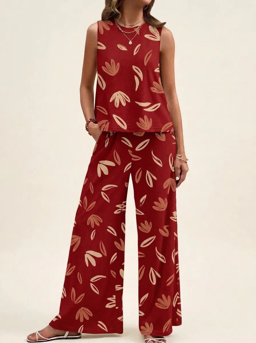 Women's Botanical Leaf Print Sleeveless Top And Wide-Leg Trouser Lounge Set