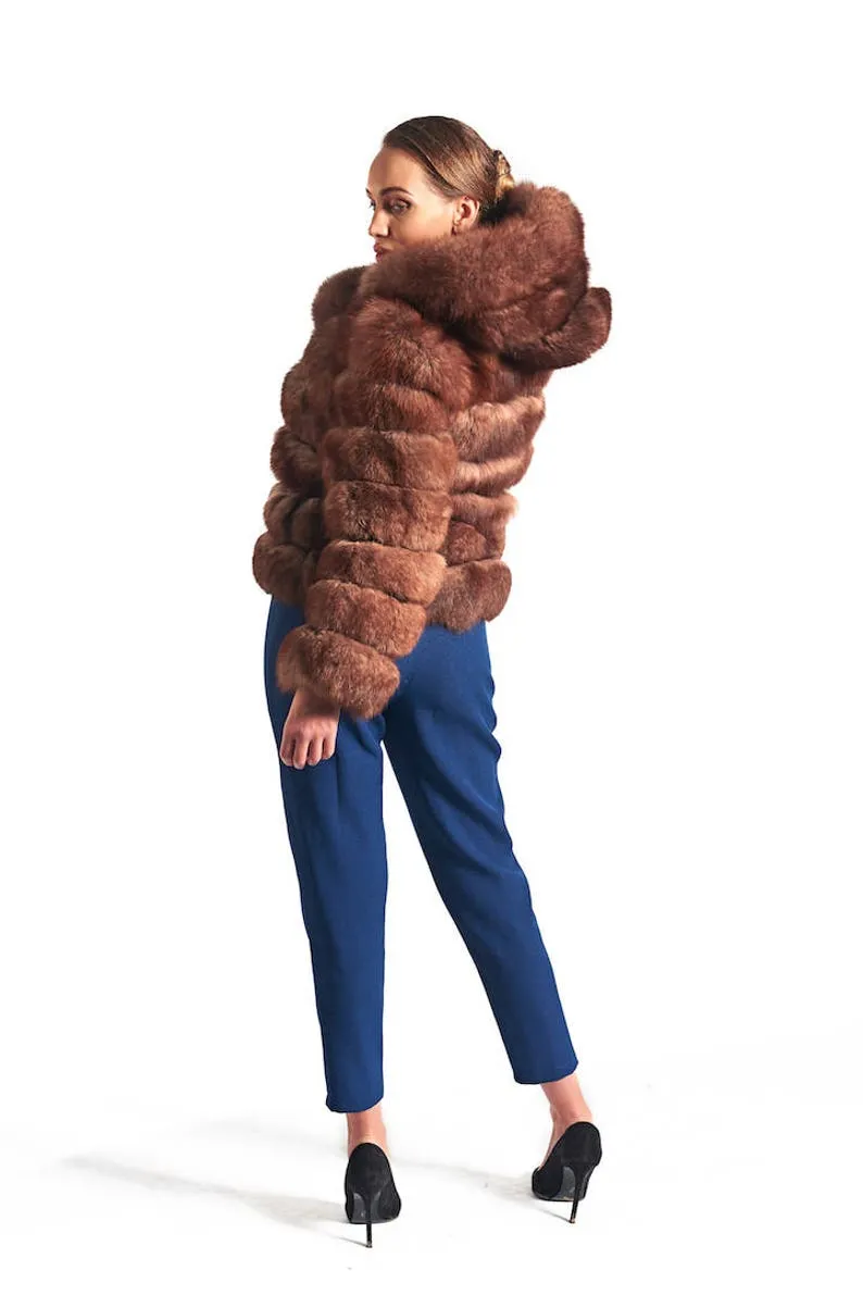 Brown Fox Fur Coat Women's Hooded