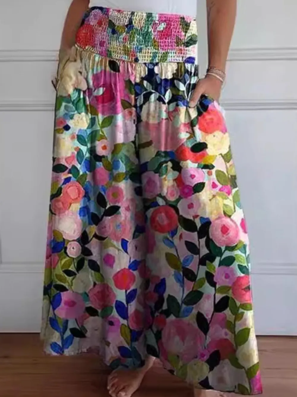 Full Size Smocked Wide Leg Pants With Pocket