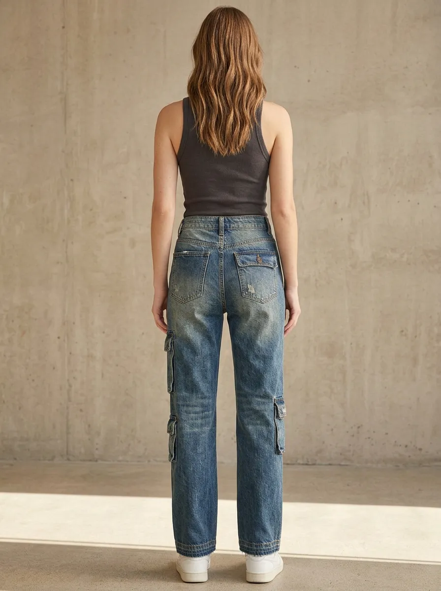 Women's Vintage Style High-Waisted Multi-Pocket Cargo Denim Jeans