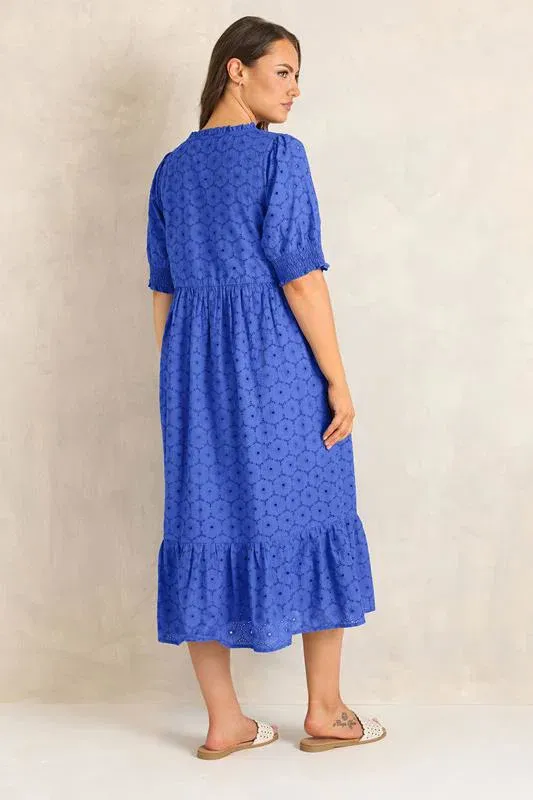 Blue Tie Neck Broderie Cotton Maxi Dress