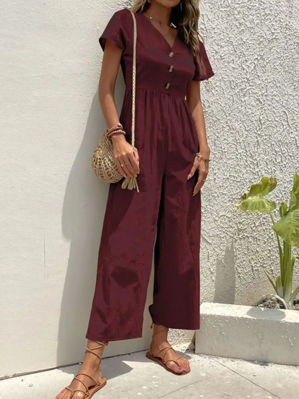 V Neck Short Sleeve Wide Leg Shorts