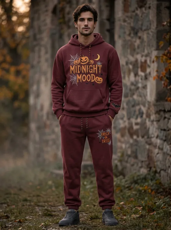 Men's Halloween Midnight Mood Pumpkin Spiderweb Printed Jogger Set