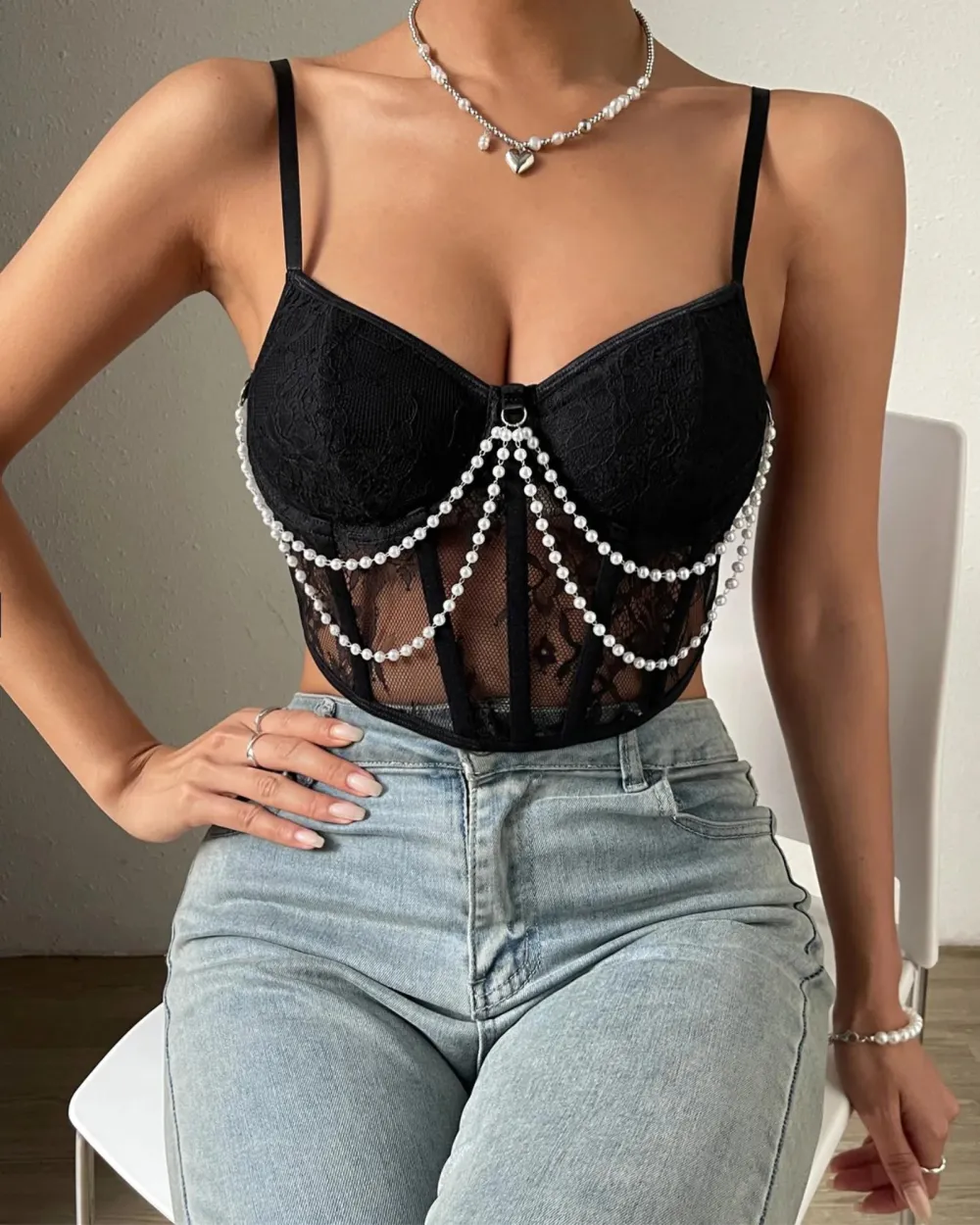 Lace Bra with Pearl Chain Detail