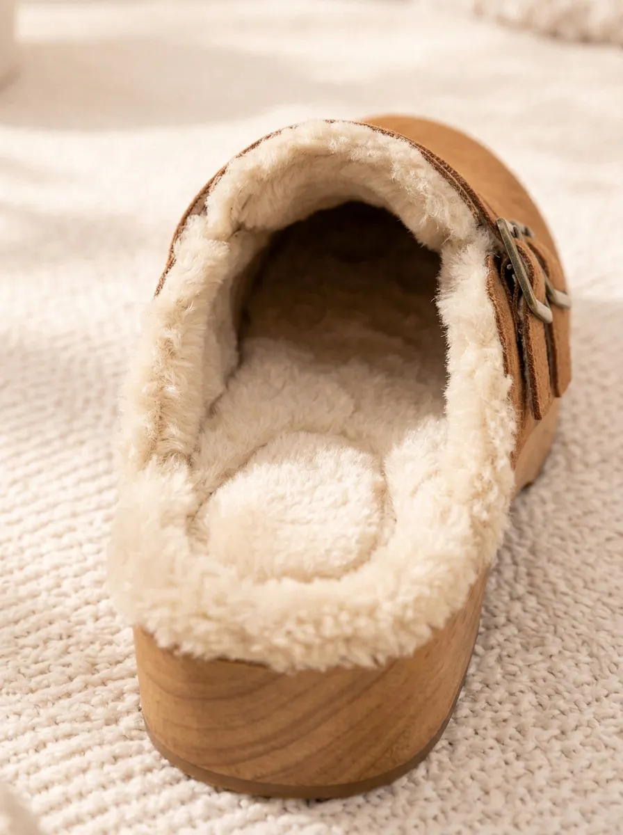 Women's Tan Double-Buckle Plush-Lined Wood-Effect Clogs