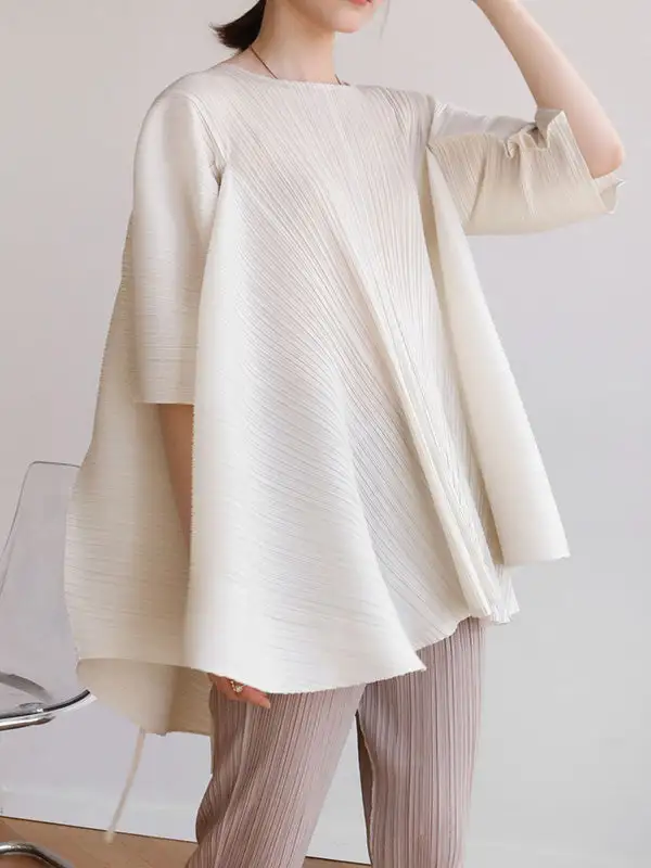 Minimal Relaxed Long Sleeve Tied Pleat Detail Round Neck T-Shirt