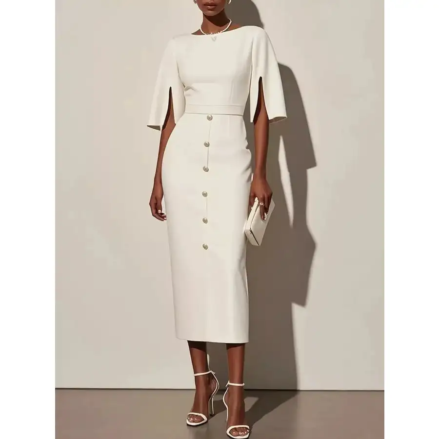 Slit Sleeve Midi Dress with Decorative Button