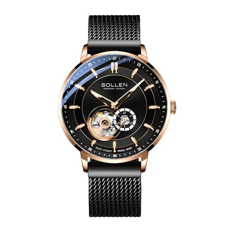 Sollen SL365 Men's Open Heart Automatic Mechanical Watch - 42mm Stainless Steel Case Slim 9.9mm Miyota 82S5 Movement Small Seconds Mesh Bracelet Wristwatch