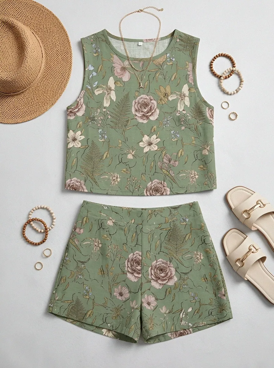 Women's Vintage Floral Botanical Printed Sleeveless Short Set