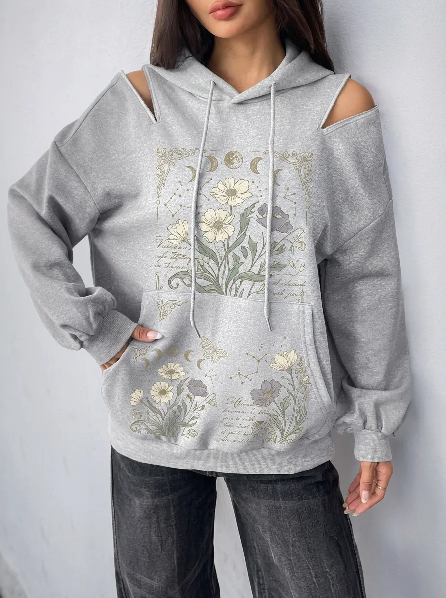 Women's Celestial Floral Butterfly Printed Cold Shoulder Hoodie
