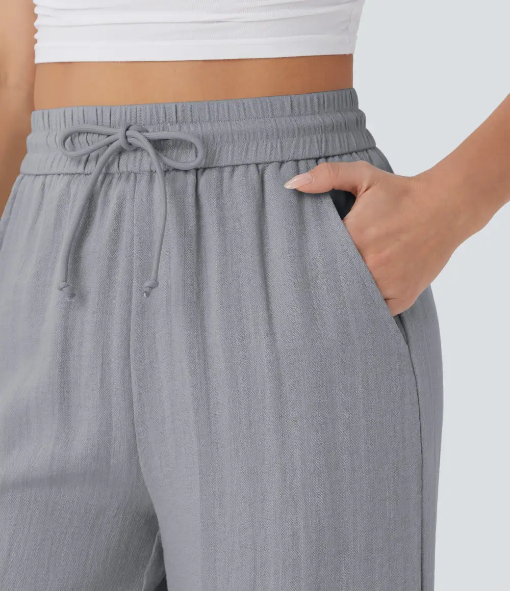 2026🔥 High Waisted Drawstring Pocket Wide Leg Casual Linen-Feel Pants