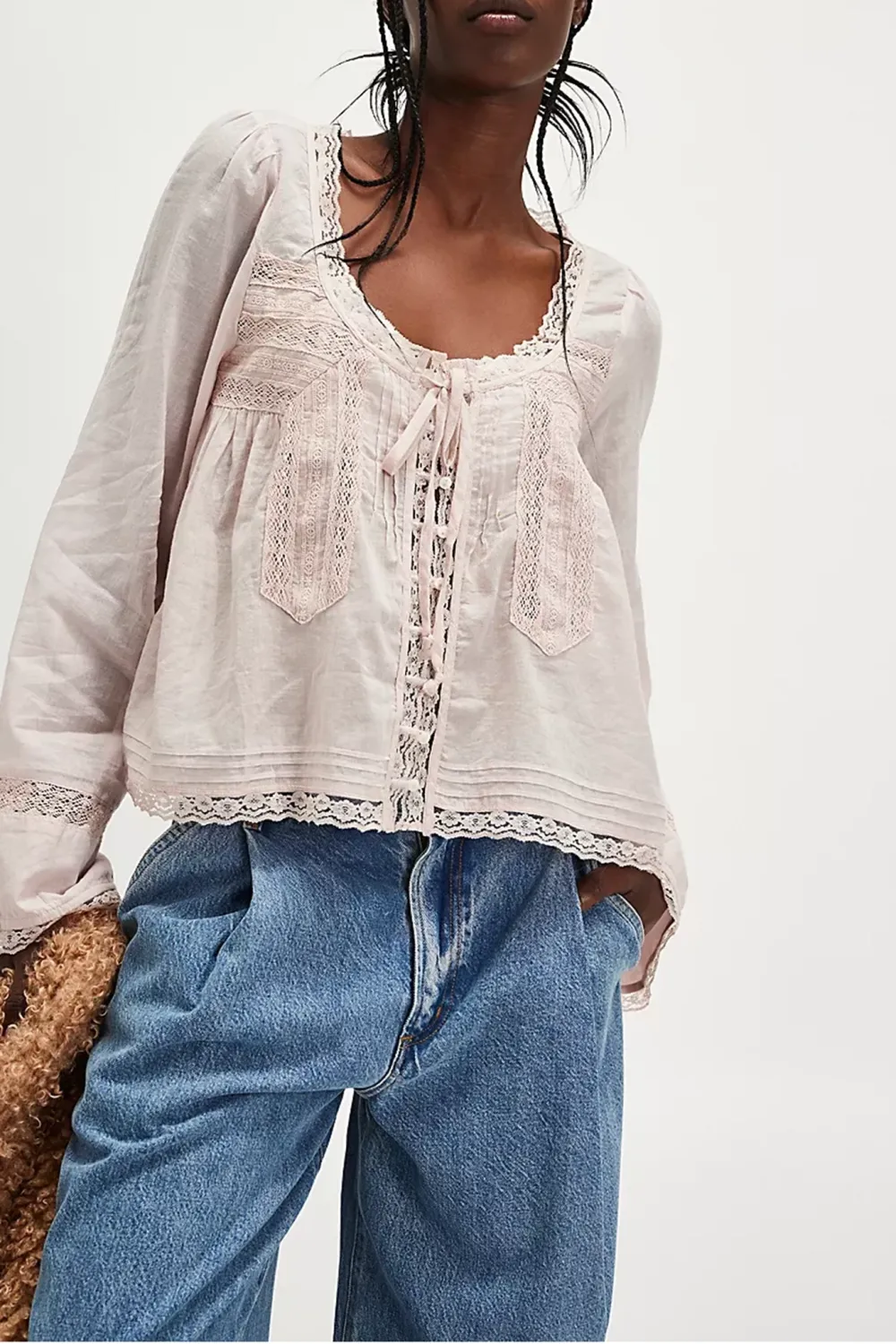 Lace Trimmed Long Sleeve Blouse