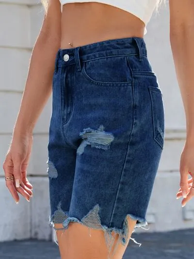 Distressed Raw Hem Shorts Detail Denim Pants