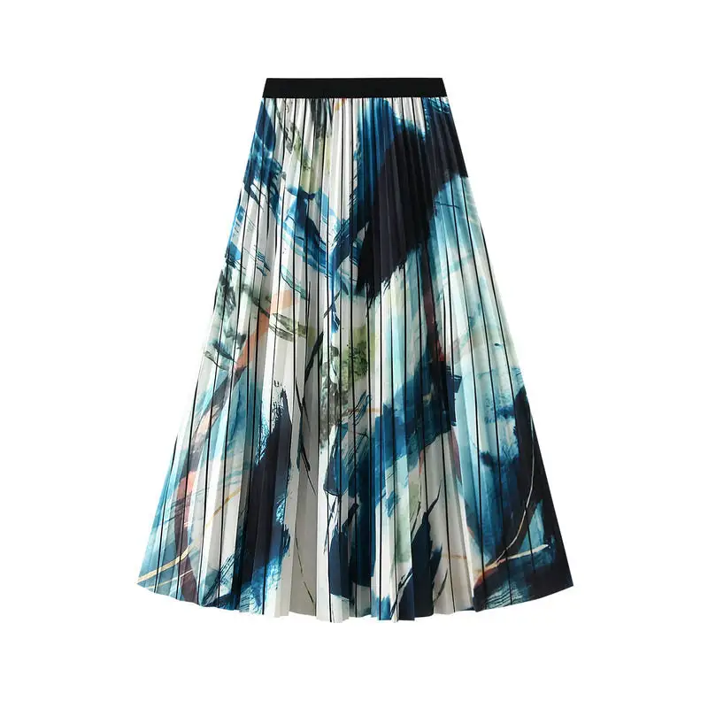 Casual High Waist Gradient Print A-Line Pleated Skirt