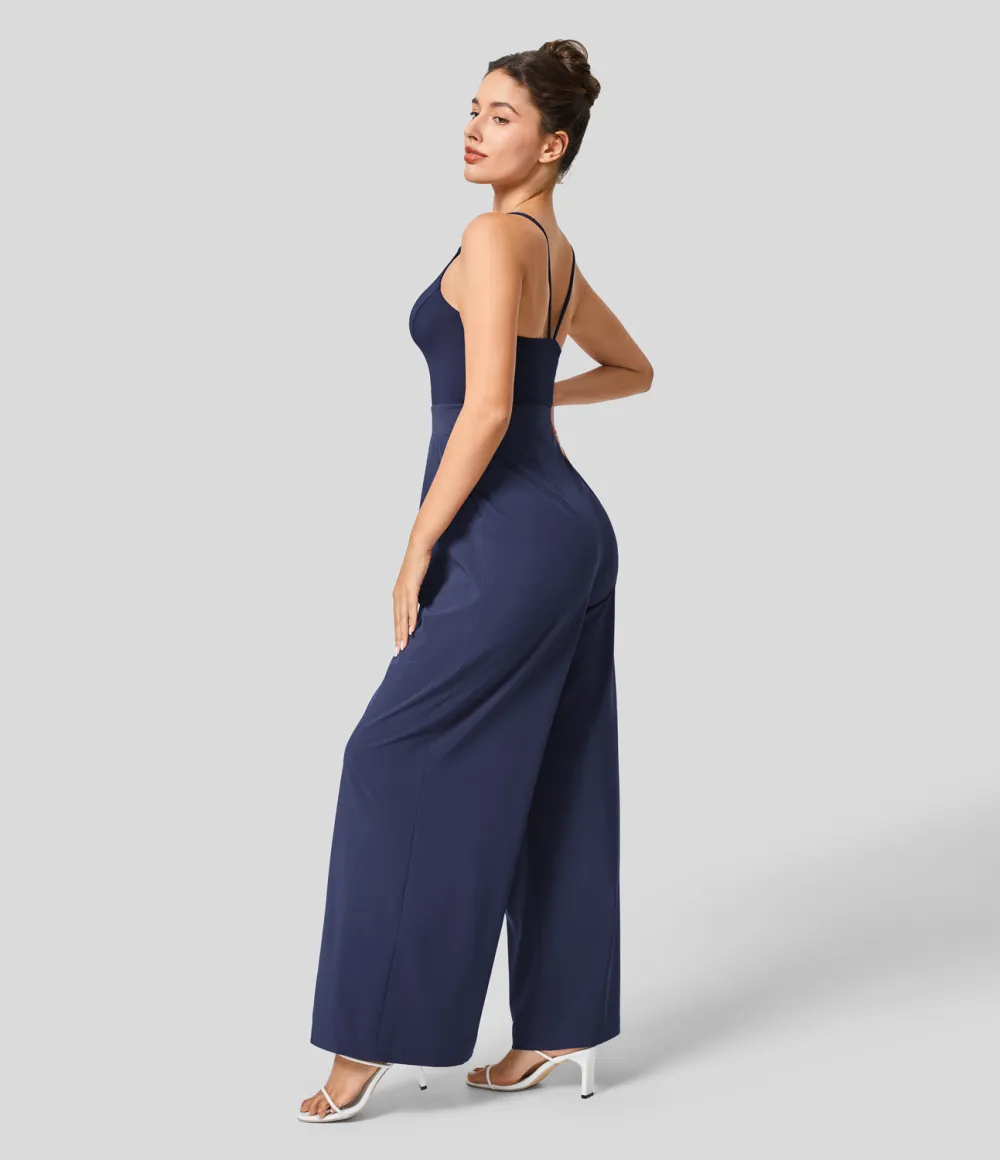 Breezeful Backless Side Invisible Zipper Pocket Wide Leg Quick Dry Resort Slip Jumpsuit