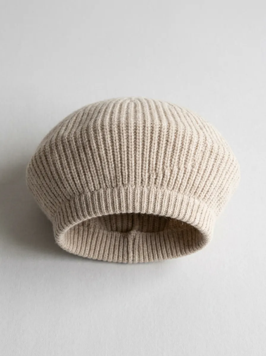 Unisex Minimalist Beige Ribbed Knit Beret