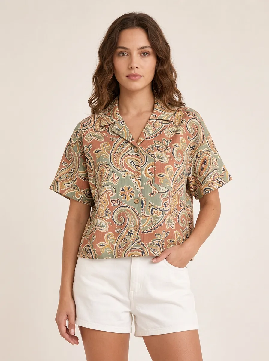 Women's Vintage Boho Paisley Printed Short Sleeve Shirt