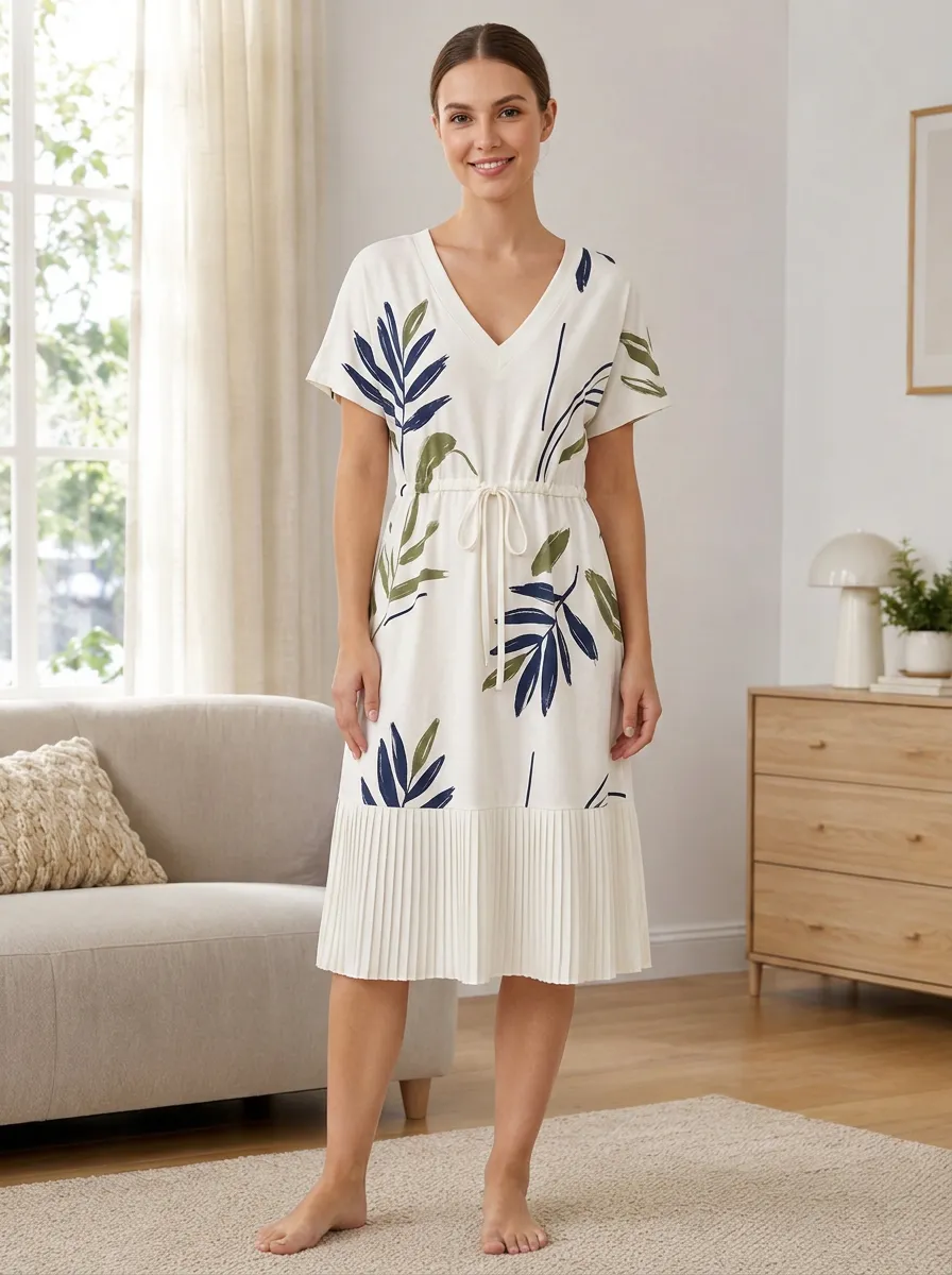 Women's Botanical Leaf Print V-Neck Pleated Hem Printed Dress