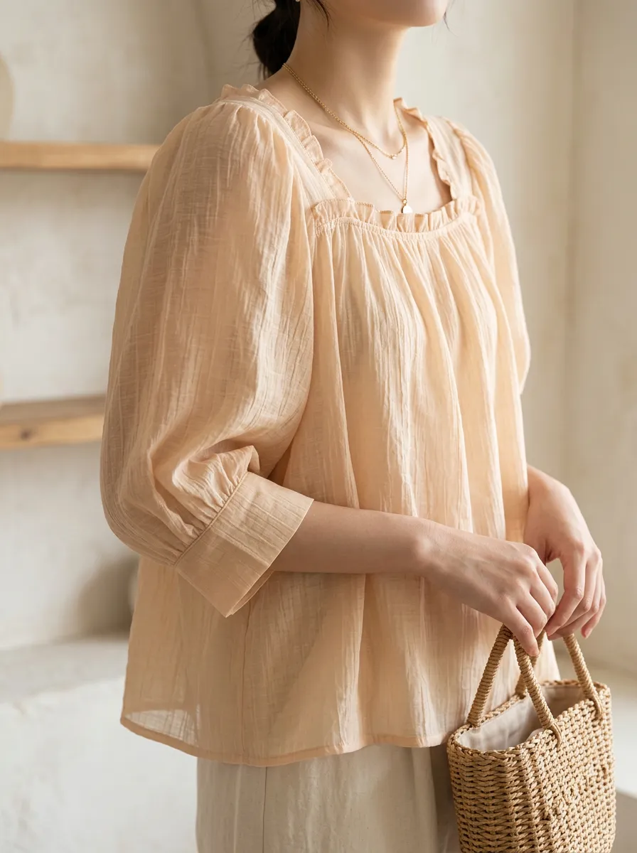 Square-Neck Women's Puff-Sleeve Blouse