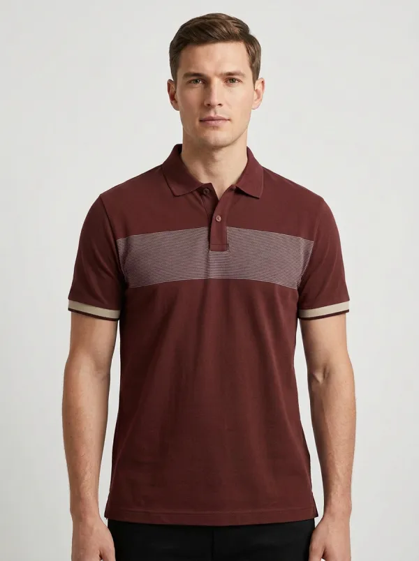 Men's Olive Green Striped Chest Printed Polo Shirt