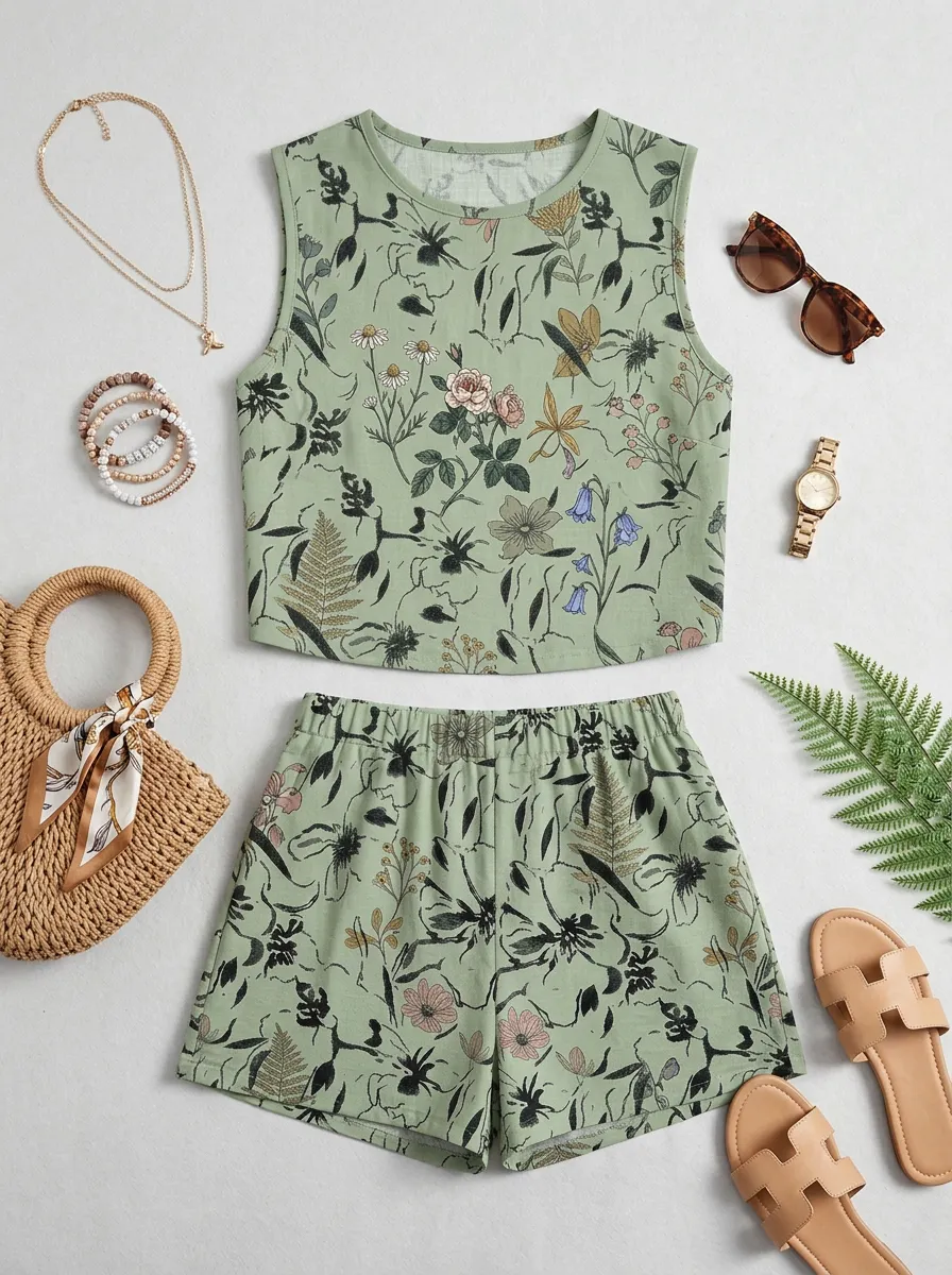 Women's Botanical Garden Floral Printed Sleeveless Set