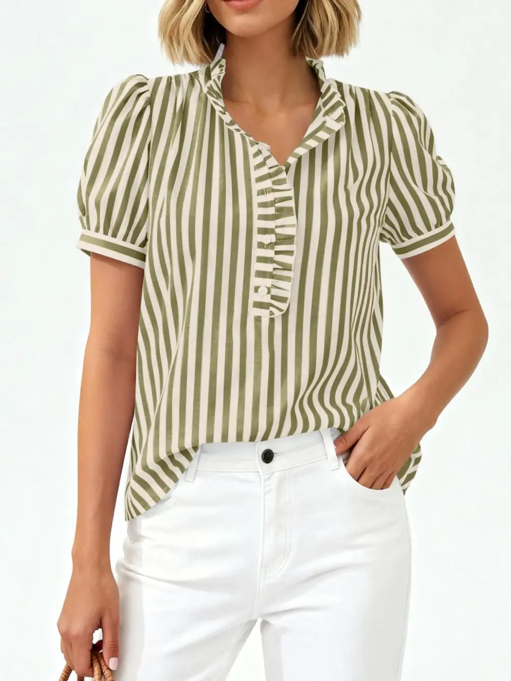 Frill Striped Puff Sleeve Buttoned Ruffled Blouse